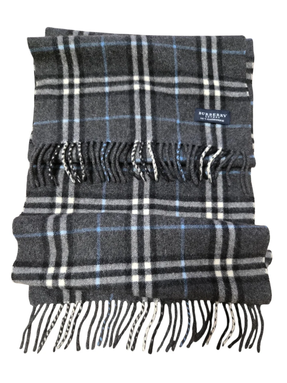 Burberry Gray Plaid Cashmere Scarf with Blue Accent